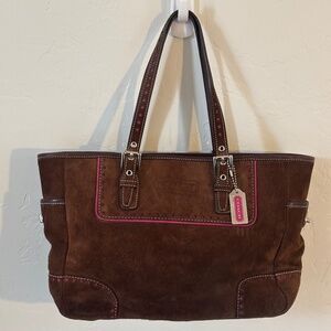 Vintage Brown Suede Coach with maroon/dark pink stitching